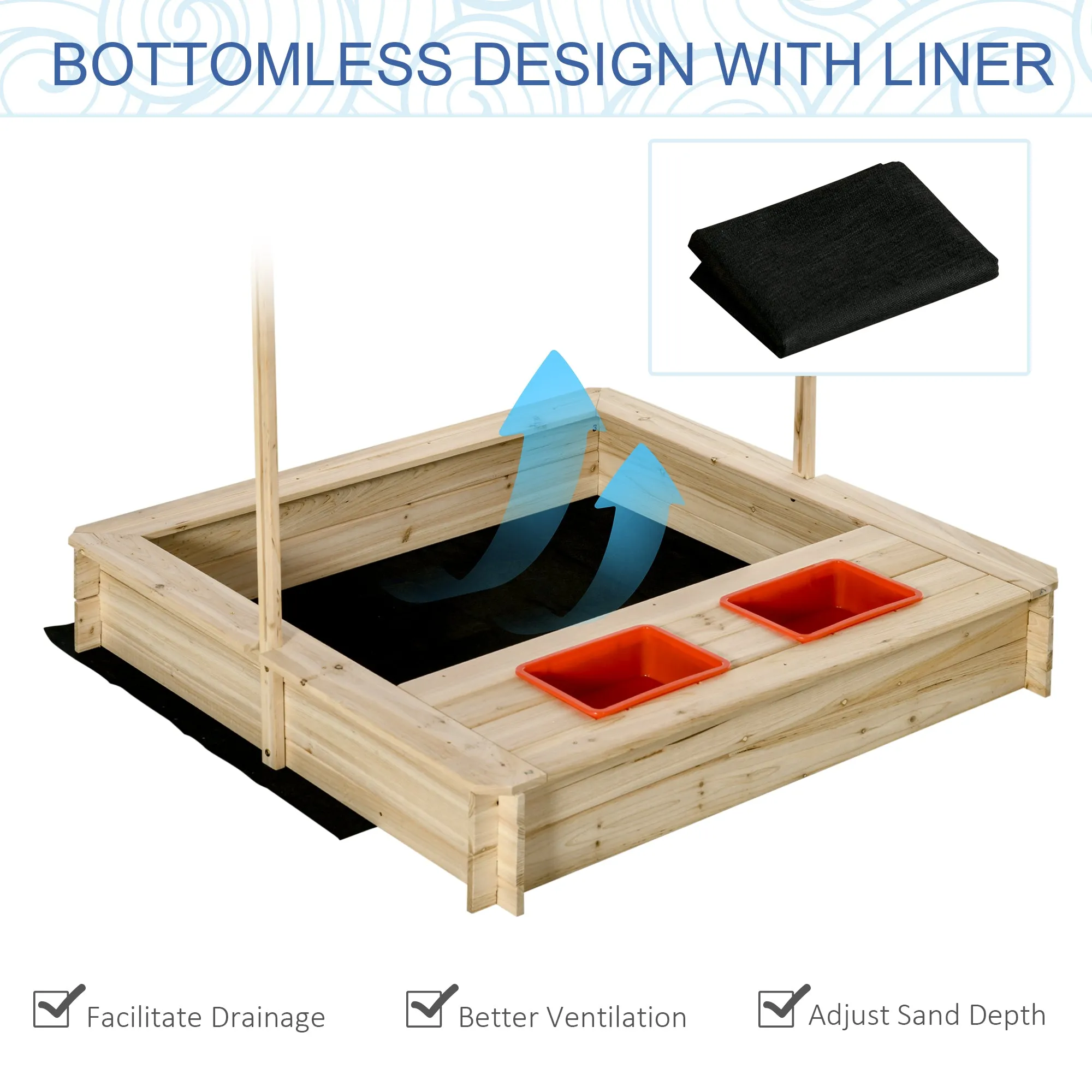Kids Wooden Sand Pit with Adjustable Canopy Cover