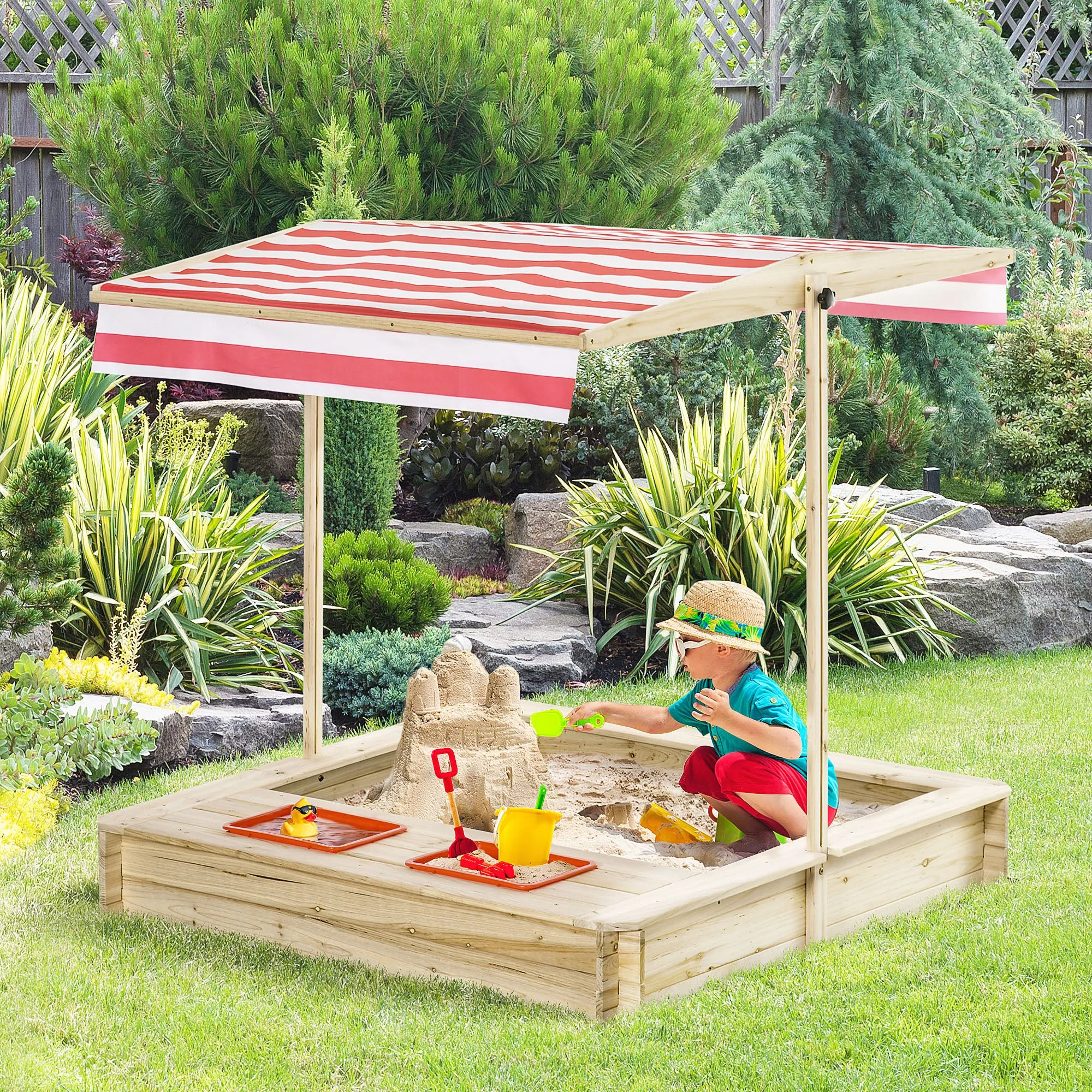 Kids Wooden Sand Pit with Adjustable Canopy Cover