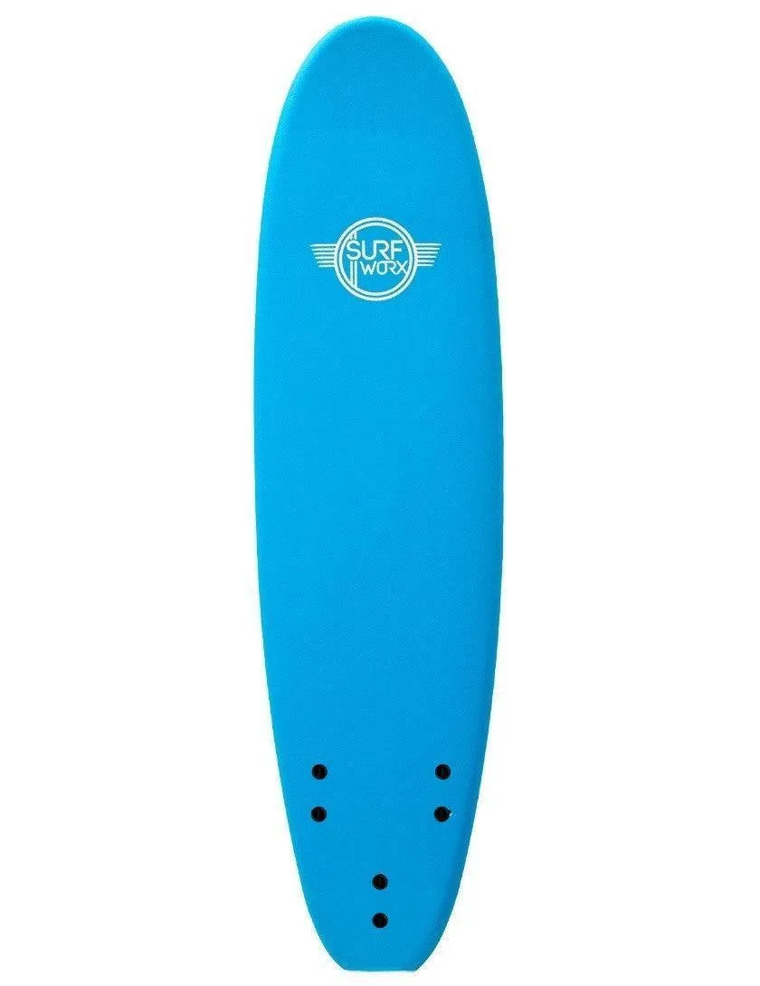 Surfworx Base Mini Mal soft surfboard 7ft 0 Azure Blue Package